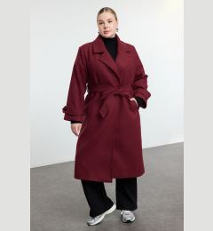 Снимка на Trendyol Curve Claret Red Regular Fit Wide Collar Detailed Long Wool Blend Cashmere Coat