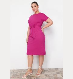 Снимка на Trendyol Curve Fuchsia Belted Crew Neck 100% Cotton Knitted Dress