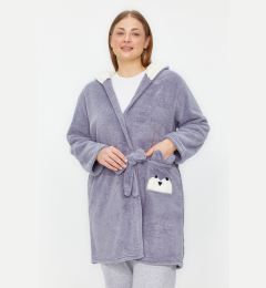 Снимка на Trendyol Curve Gray Wellsoft/Plush Animal Figured Pocket Hooded Knitted Dressing Gown