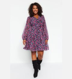 Снимка на Trendyol Curve Multicolored Floral Belted V-Neck Chiffon Lined Woven Dress