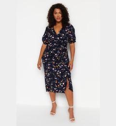 Снимка на Trendyol Curve Navy Blue Floral Knitted Dress With Double Breasted Collar