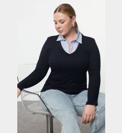 Снимка на Trendyol Curve Navy Blue Shirt Collar Detailed Jersey Knit Plus Size Blouse