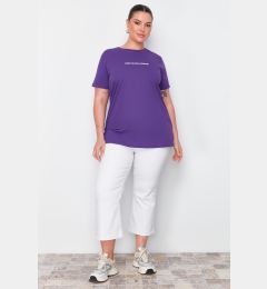 Снимка на Trendyol Curve Purple Boyfriend Fit Slogan Printed Crew Neck 100% Cotton Knitted Plus Size T-Shirt