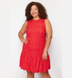 Снимка на Trendyol Curve Red Polka Dot Printed Zero Sleeve Flounce Shift Mini Stretch Knit Plus Size Dress