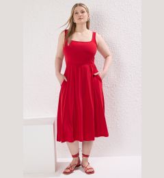 Снимка на Trendyol Curve Red Square Neck A-line Knitted Plus Size Dress