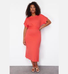 Снимка на Trendyol Curve Red Straight Cut Tie Detailed Slit Maxi/Long 100% Cotton Knitted Dress