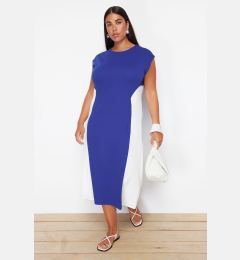 Снимка на Trendyol Curve Saks-Ecru Color Block Midi Crepe Knitted Plus Size Dress