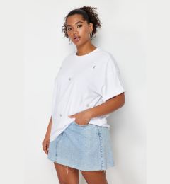 Снимка на Trendyol Curve White Heart Accessory Detailed Oversize 100% Cotton Knitted T-shirt