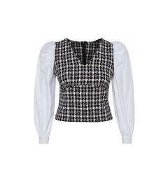 Снимка на Trendyol Curve White V-Neck Tweed Patterned Long Sleeve Blouse