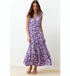 Снимка на Trendyol Dark Purple Floral A-line V-Neck Sleeveless A-Line Polyester Camisole Maxi Dress