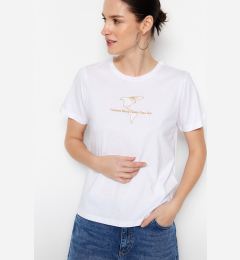 Снимка на Trendyol Ecru 100% Cotton Embroidered Basic Crew Neck Knitted T-Shirt