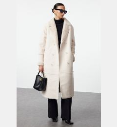 Снимка на Trendyol Ecru Oversize Wide Cut Belted Für Collar Detailed Long Faux Leather Coat