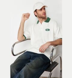 Снимка на Trendyol Ecru Oversize/Wide Cut Text Embroidered Terry Fabric Buttoned Polo Collar T-Shirt