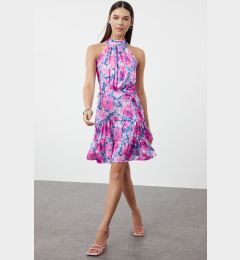 Снимка на Trendyol Fuchsia Floral Print Halter Neck A-line Satin Mini Woven Dress