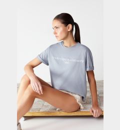 Снимка на Trendyol Gray 100% Cotton Slogan Printed Relaxed/Wide Relaxed Cut Knitted T-Shirt