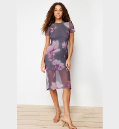 Снимка на Trendyol Gray Floral Printed Midi Crew Neck Short Sleeve Stretchy Knitted Midi Pencil Dress