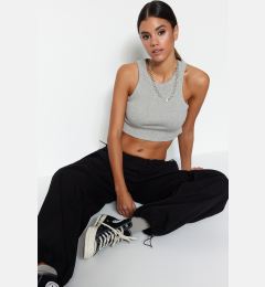 Снимка на Trendyol Gray Melange Super Crop Barbell Neck Ribbed Elastic Knitted Undershirt