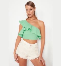 Снимка на Trendyol Green Crop Woven Flounce One Shoulder 100% Cotton Blouse