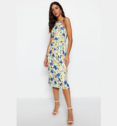 Снимка на Trendyol Green Floral Print Halter Neck Belted Crepe Midi Knitted Dress