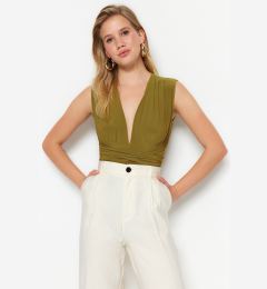 Снимка на Trendyol Green Tie Detail V Neck Fitted/Sleeping Elastic Knitted Bodysuit