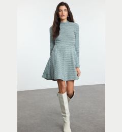 Снимка на Trendyol Green Tweed Crew Neck Skater/Waist Open Flounce Mini Knit Dress