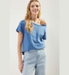 Снимка на Trendyol Indigo 100% Cotton Oversize/Wide Pattern Boat Neck Knitted T-Shirt