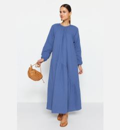Снимка на Trendyol Indigo Gathered Detail 100% Cotton Muslin Wide Fit Lined Woven Dress