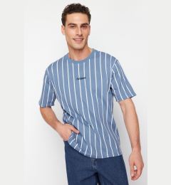 Снимка на Trendyol Indigo Oversize/Wide Cut Striped 100% Cotton T-Shirt