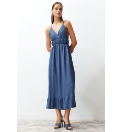 Снимка на Trendyol Indigo Straight Skirt Ruffled V-Neck Strap Maxi Ribbed Flexible