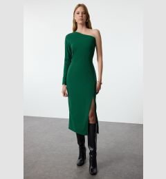Снимка на Trendyol Khaki Asymmetrical Collar Fitted Slit Detailed Midi Knitted Dress