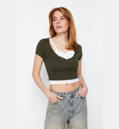 Снимка на Trendyol Khaki Double Layer Detailed Fitted/Body Hugging Ribbed Stretchy Knitted Blouse