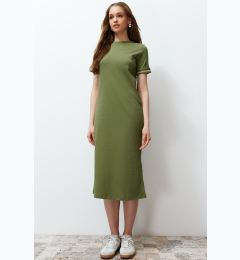 Снимка на Trendyol Khaki Knitwear Tape Detailed Crew Neck Short Sleeve Elastic Knitted Dress