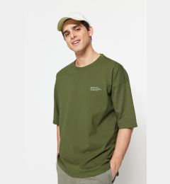 Снимка на Trendyol Khaki Oversize/Wide Cut 100% Cotton Crew Neck Minimal Text Printed T-Shirt