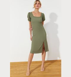 Снимка на Trendyol Khaki Square Collar Balloon Sleeve A-Line Slit Detailed Wrap/Textured Midi Knitted Dress