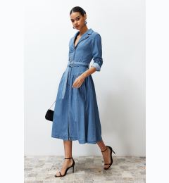 Снимка на Trendyol Light Blue Belted Jacket Collar Maxi Denim Dress