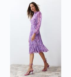 Снимка на Trendyol Lilac Shawl Patterned Lined Flounced Chiffon Midi Woven Dress