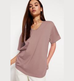Снимка на Trendyol Mink 100% Cotton Oversize/Wide Fit V-Neck Knitted T-Shirt
