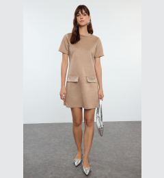 Снимка на Trendyol Mink Crew Neck Stone Detailed Shift/Straight Mini Suede Knitted Dress