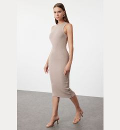 Снимка на Trendyol Mink Halter Neck Fitted Ribbed Flexible Midi Knitted Dress