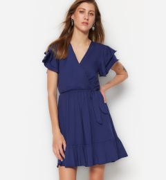 Снимка на Trendyol Navy Blue 100% памук къдрици подробни двуреден мини трикотажна рокля с яка детайл на ръкавите