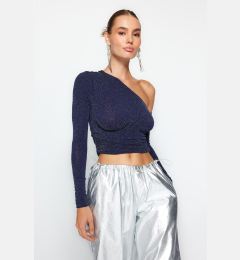 Снимка на Trendyol Navy Blue Crop Shiny Silvery Knitted Bustier