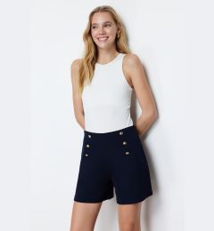 Снимка на Trendyol Navy Blue Gold Button Detailed High Waist Interlock Smart Knitted Shorts