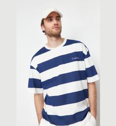 Снимка на Trendyol Navy Blue Oversize Text Embroidered Striped 100% Cotton T-Shirt