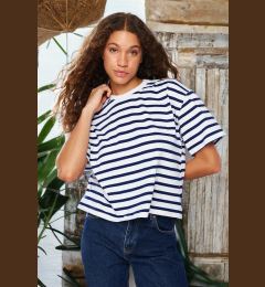 Снимка на Trendyol Navy Blue Striped 100% Cotton Asymmetrical Loose/Relaxed Cut Knitted T-Shirt