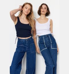 Снимка на Trendyol Navy Blue-White 2-Pack Smocking Detailed Pool Collar Corduroy, Stretchy Knit Undershirt