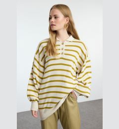 Снимка на Trendyol Oil Green Striped Balloon Sleeve Polo Neck Knitted Sweater