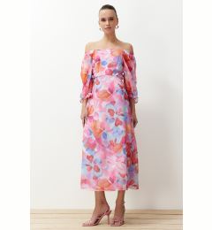 Снимка на Trendyol Pink Floral Patterned A-Line Madonna Collar Chiffon Lined Maxi Woven Dress