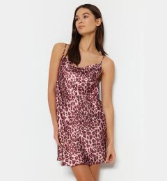 Снимка на Trendyol Pink Leopard Patterned Rope Strap Degaje Collar Satin Woven Nightdress