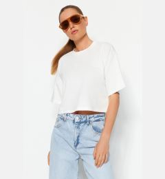 Снимка на Trendyol Premium Ecru Relaxed/Comfortable Mould 100% Cotton Crop Knit T-Shirt