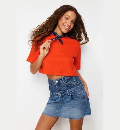 Снимка на Trendyol Premium Red Relaxed Fit 100% Cotton Crop Knit T-Shirt